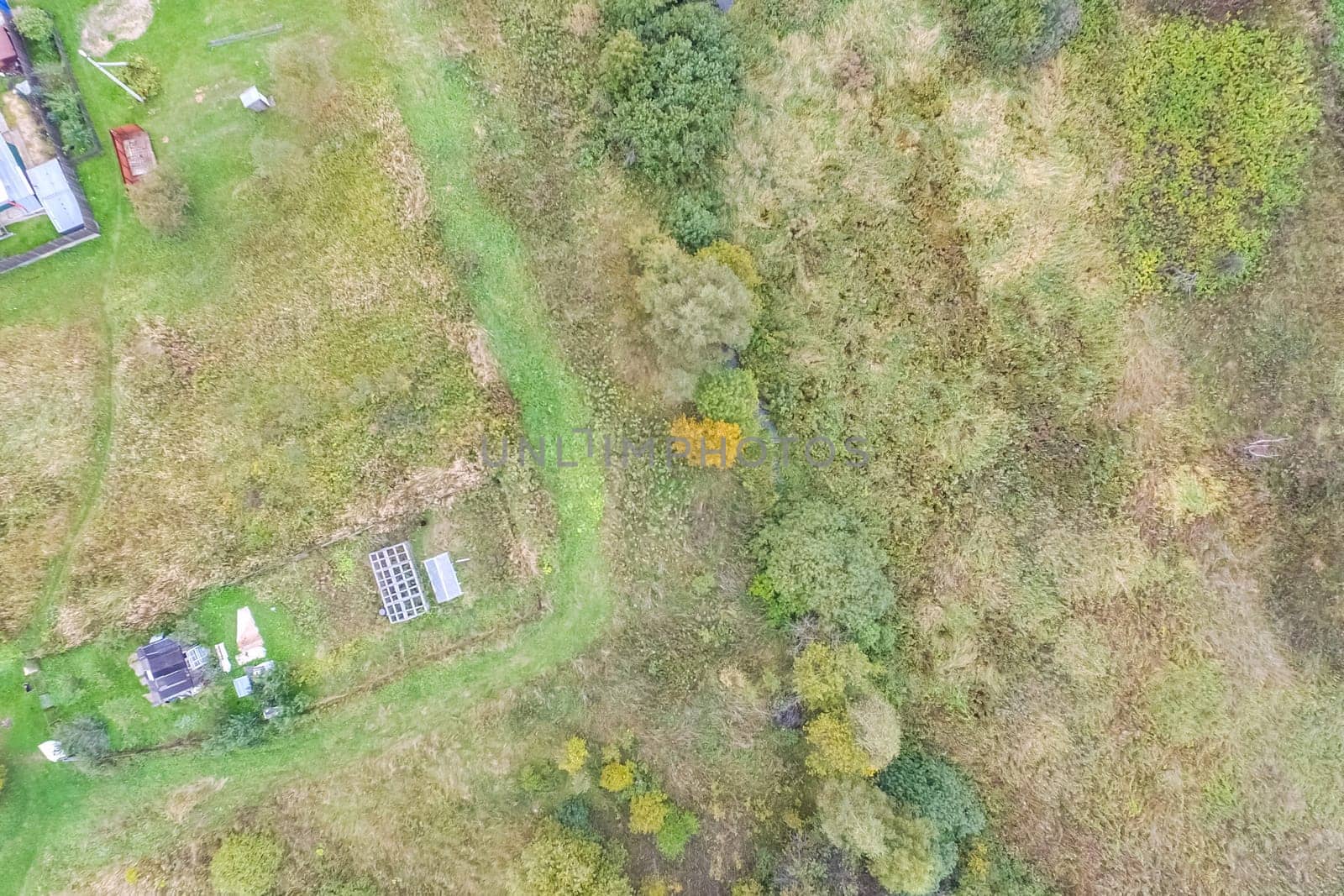 Top view of the village, fields and forests near the village