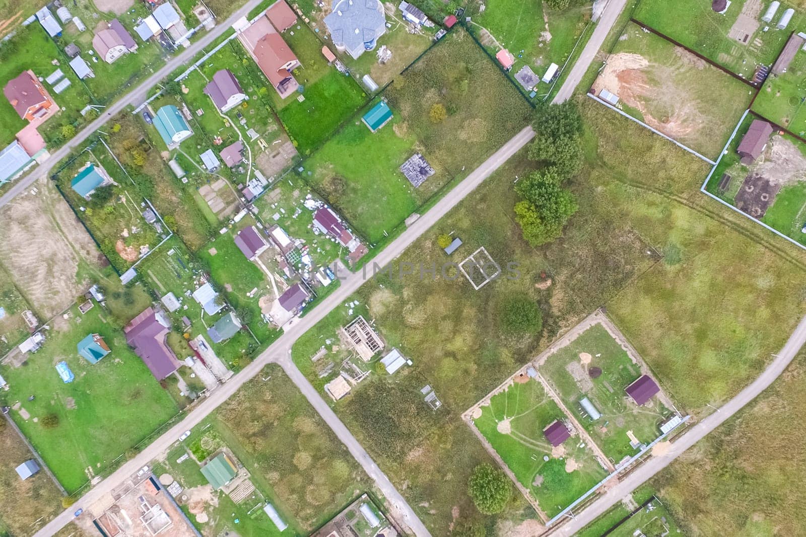 Top view of the village, fields and forests near the village