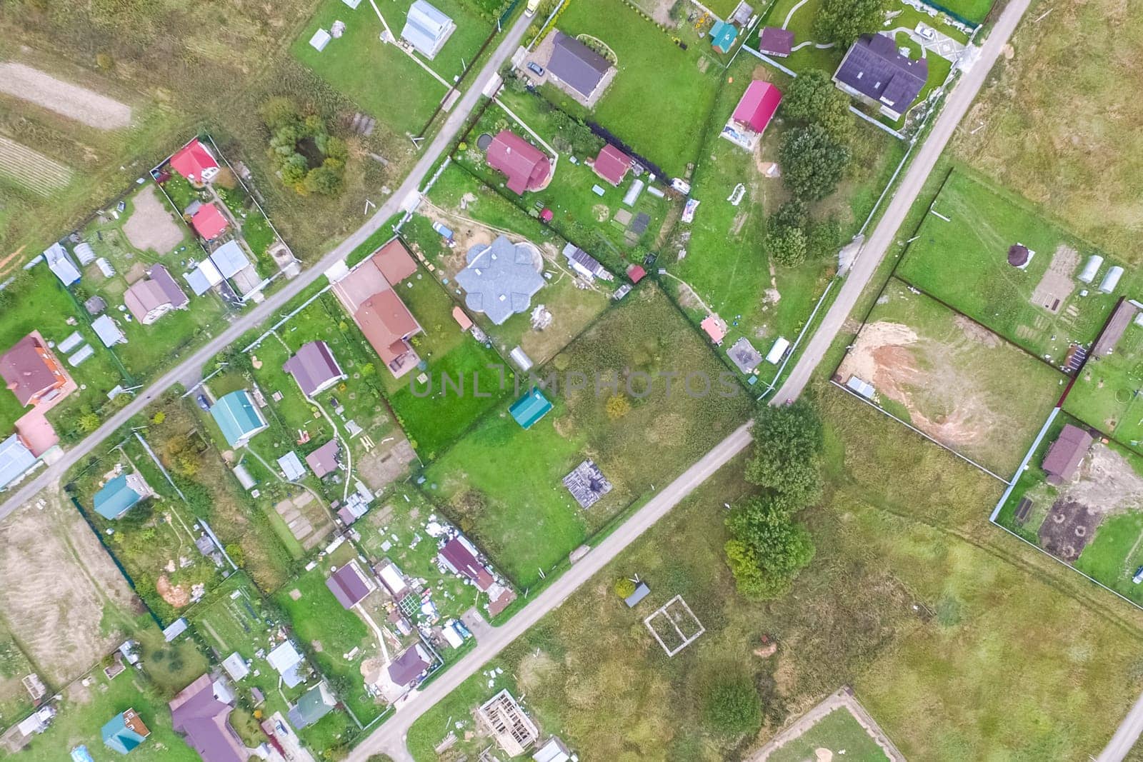 Top view of the village, fields and forests near the village