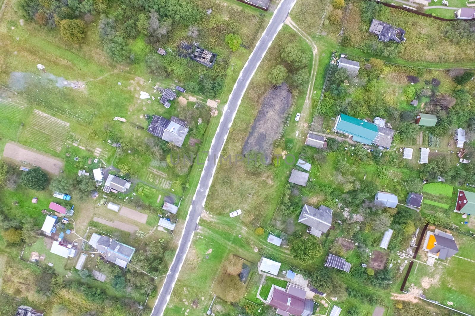 Top view of the village, fields and forests near the village