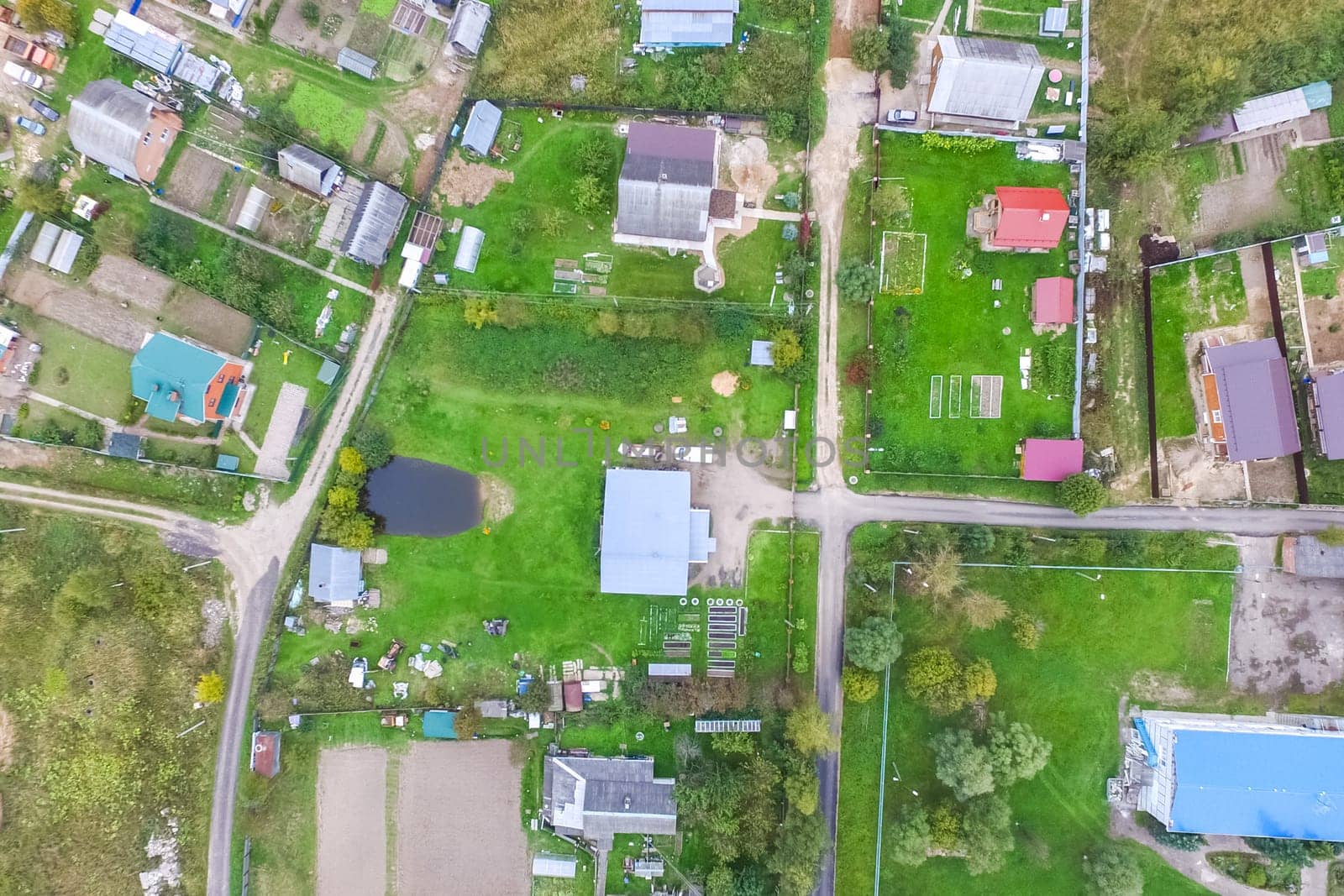 Top view of the village, fields and forests near the village