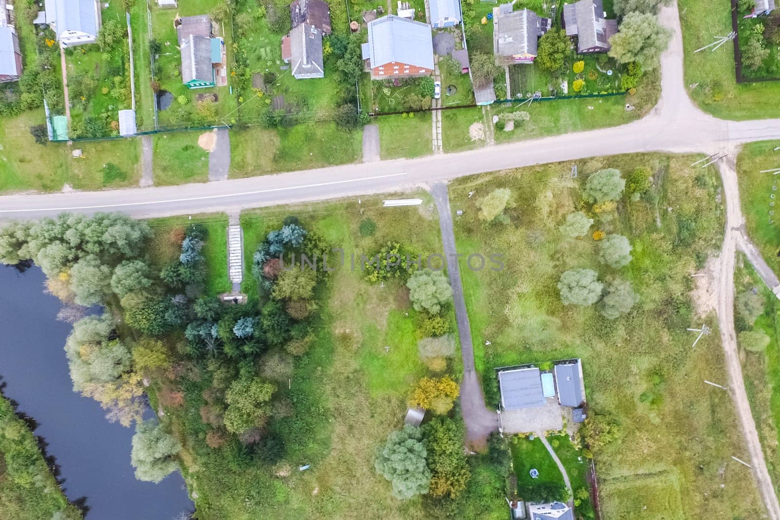 Top view of the village, fields and forests near the village