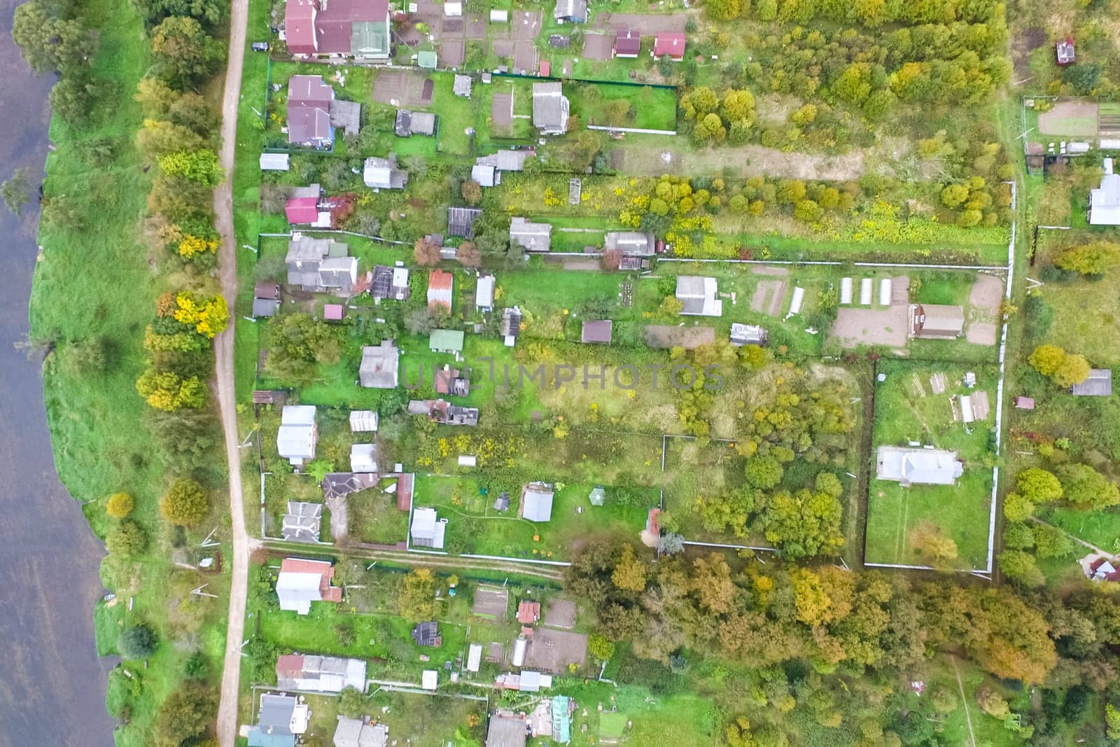 Top view of the village, fields and forests near the village
