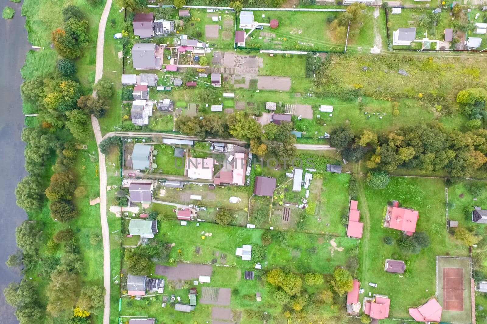 Top view of the village, fields and forests near the village