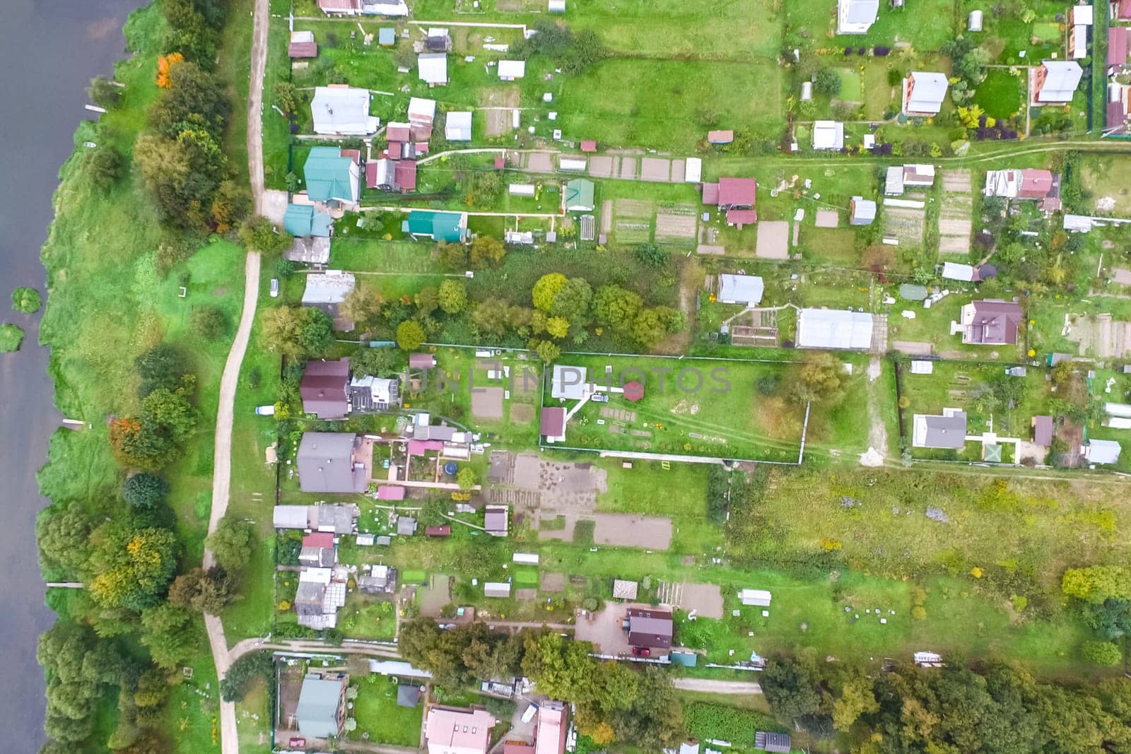 Top view of the village, fields and forests near the village