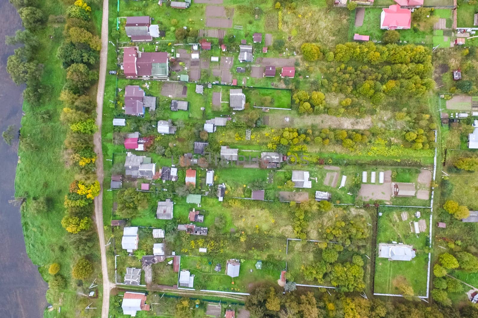 Top view of the village, fields and forests near the village