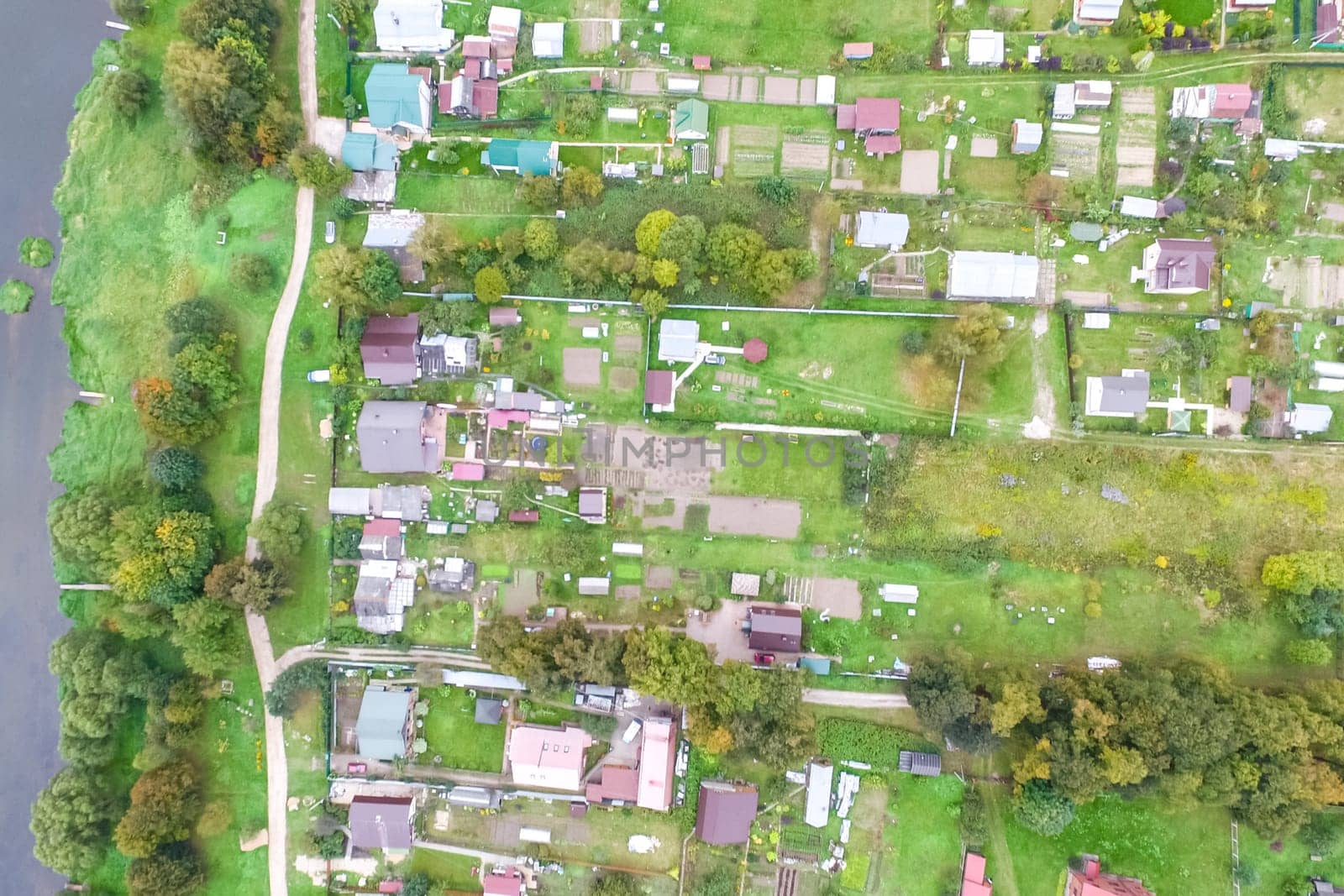 Top view of the village, fields and forests near the village