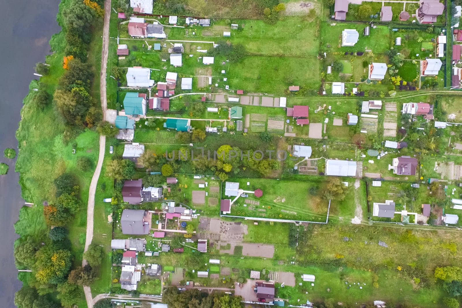 Top view of the village, fields and forests near the village
