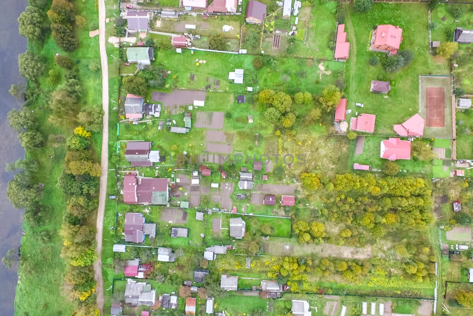 Top view of the village, fields and forests near the village