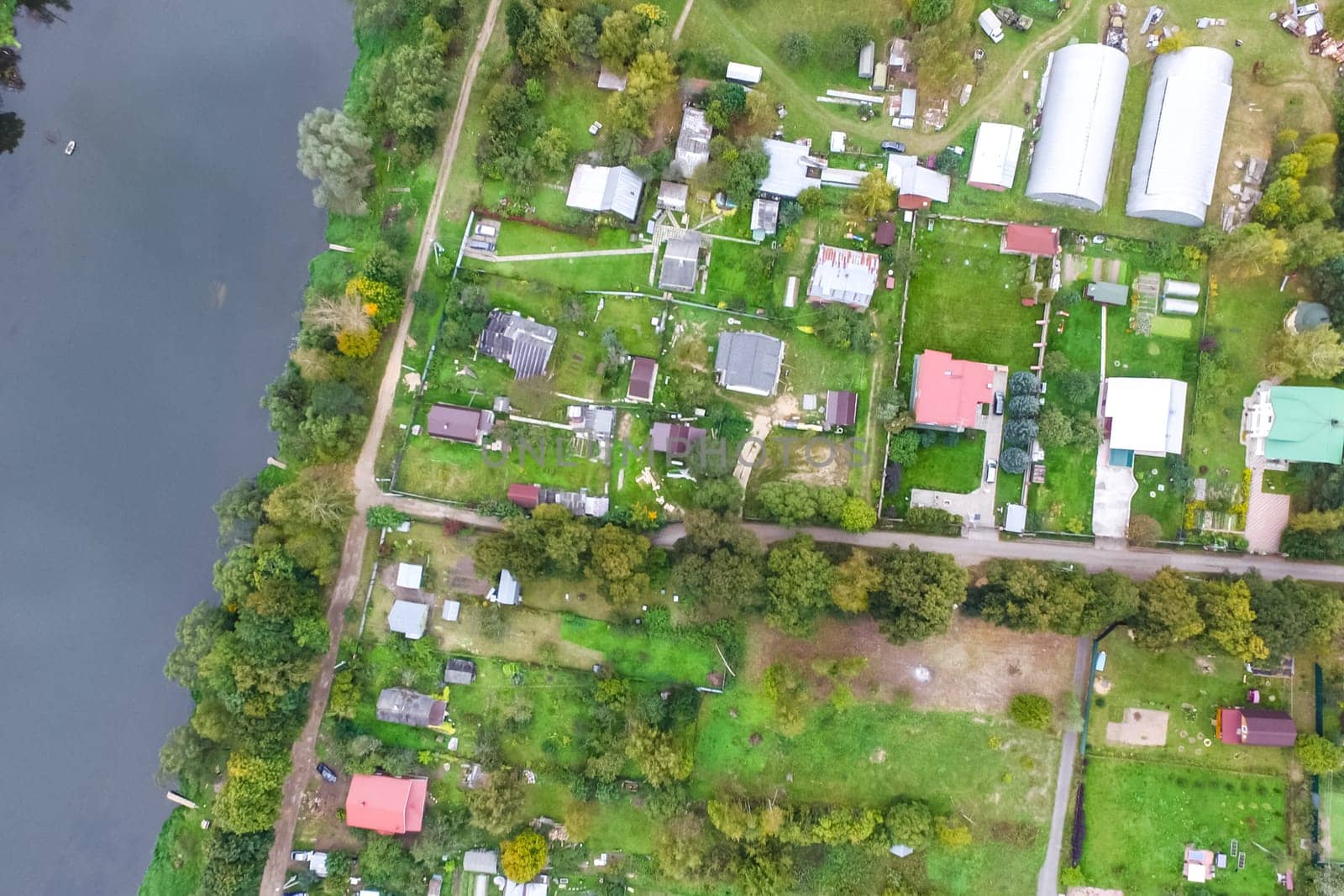 Top view of the village, fields and forests near the village