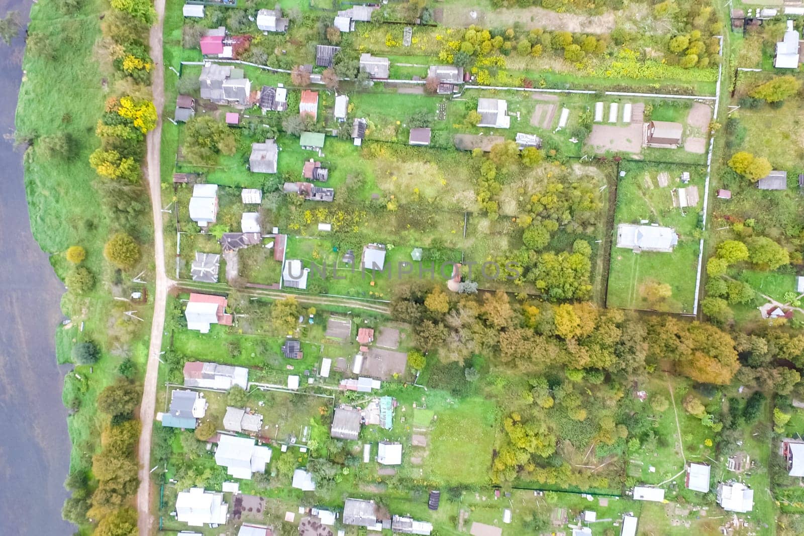 Top view of the village, fields and forests near the village