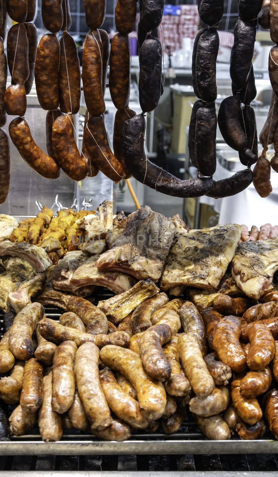 Grilled sausage on barbecue, typical food in Spain, food