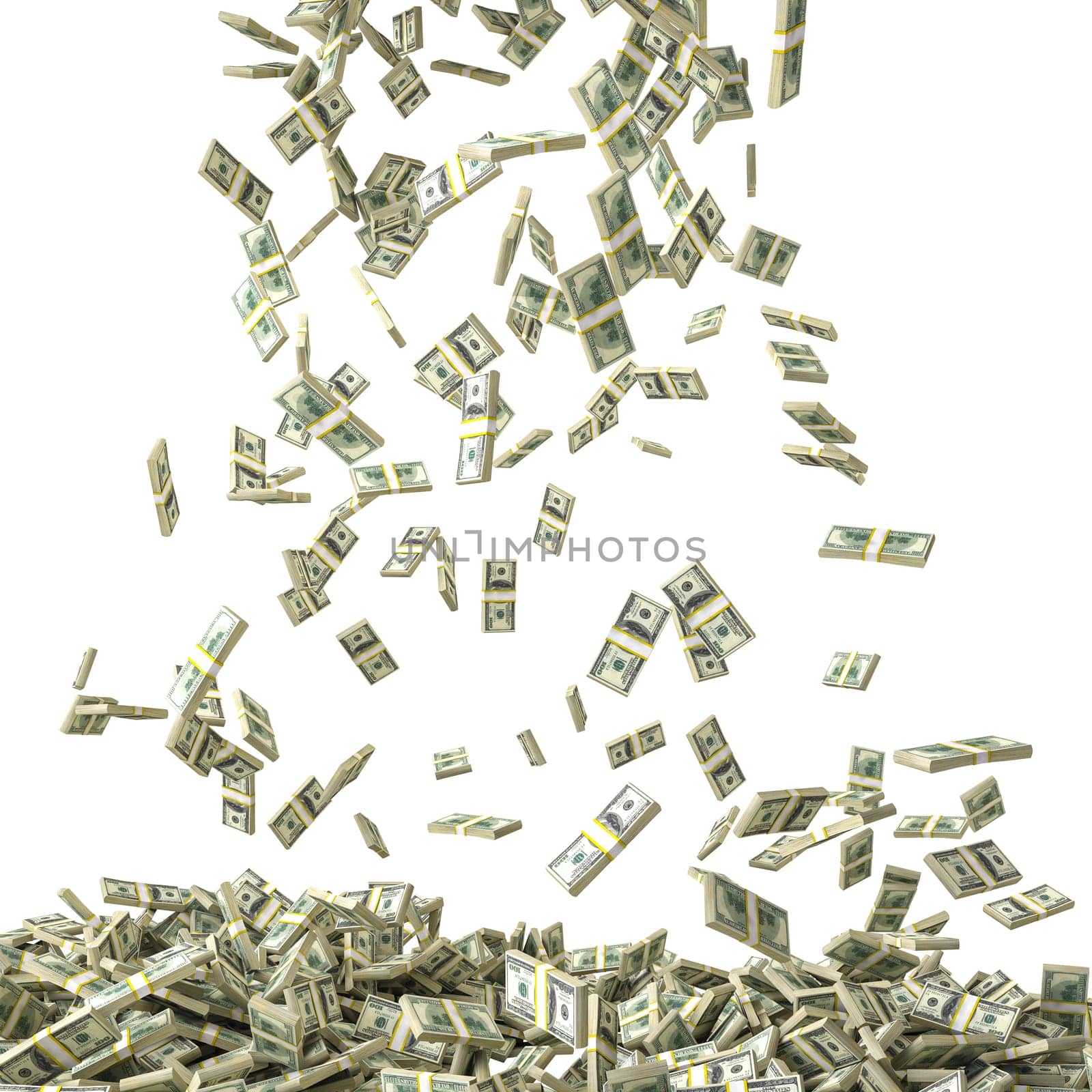 Piles  money  us dollar bills falling, isolated  transparent background. 3d render