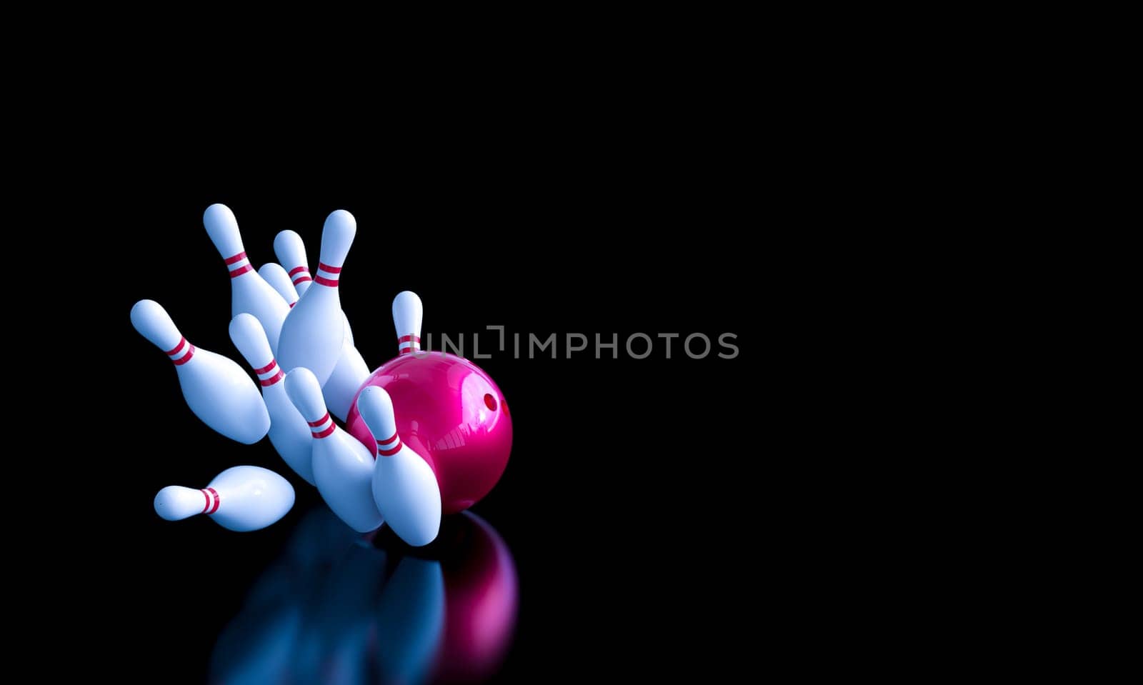 Red bowling ball  knocking down white  pins  black background 3d render