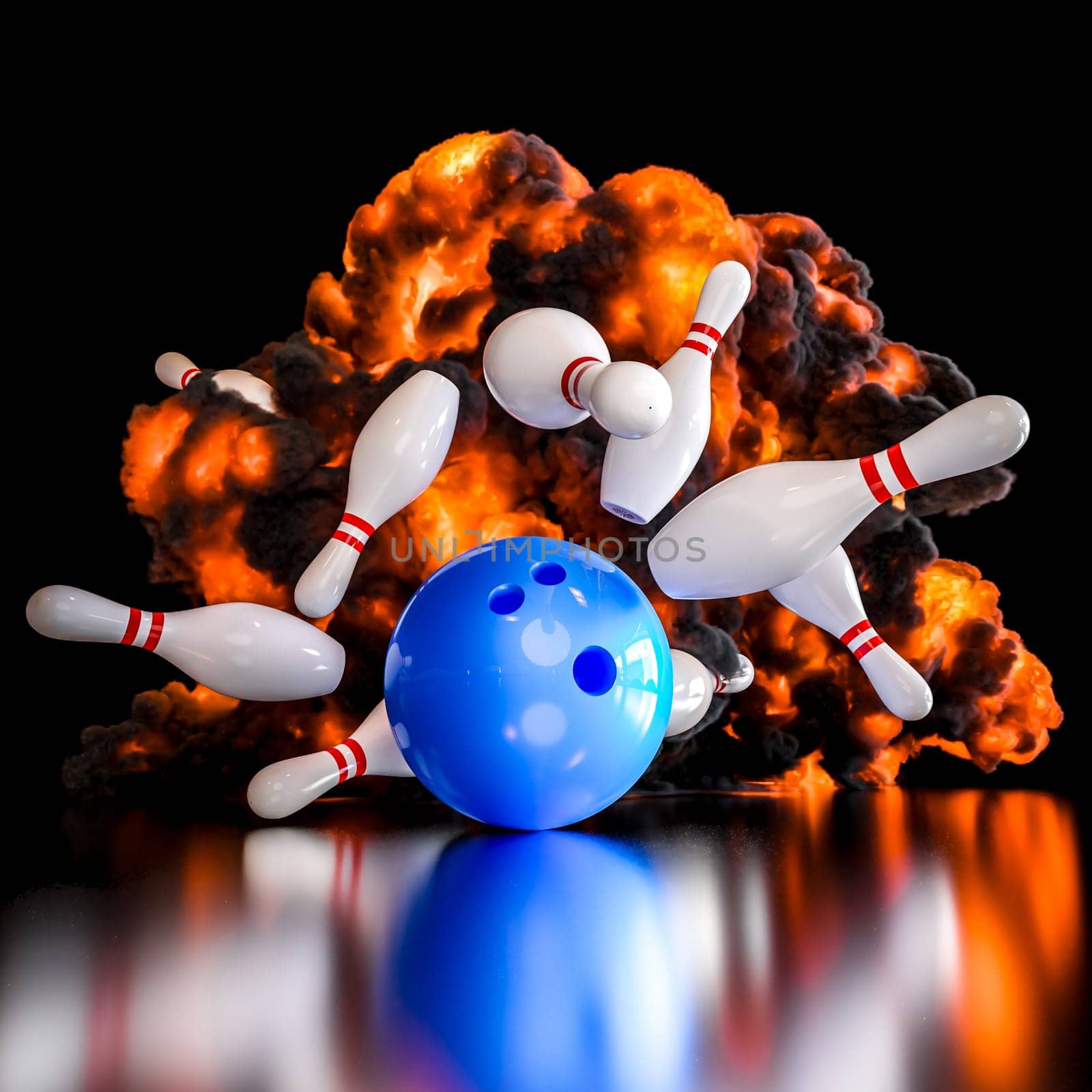 Blue bowling ball causing a massive fiery explosion strike with  pins flying 3d render