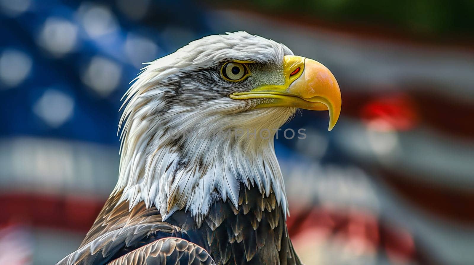 American bald eagle  blurred american flag  background