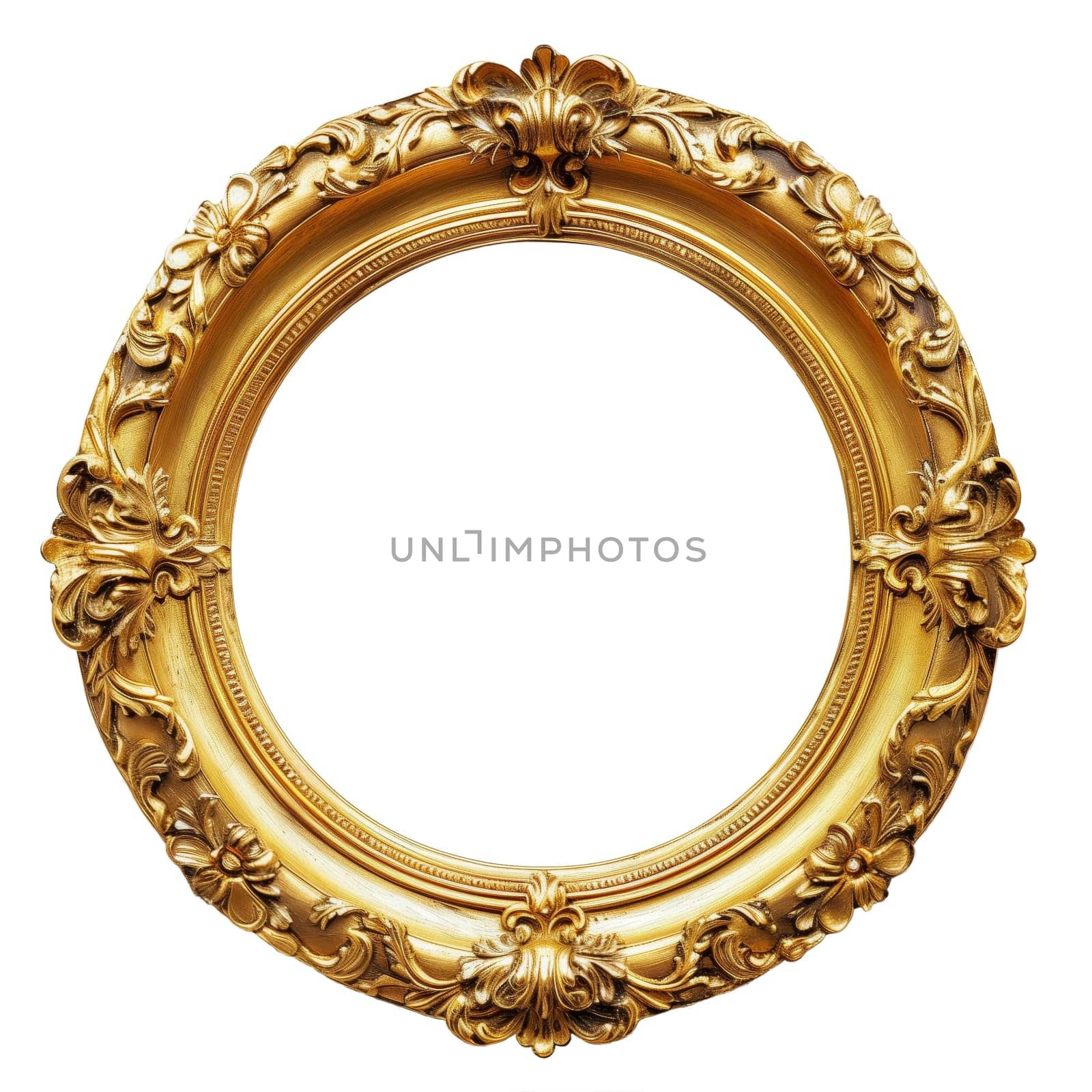 circular ornate gold picture frame with intricate details isolated  transparent backdrop