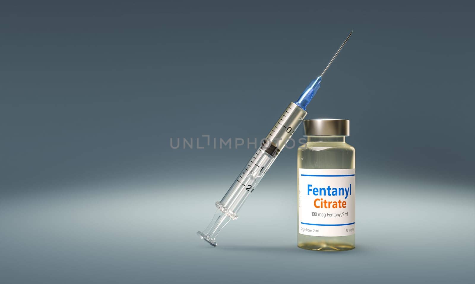 Close up  syringe  fentanyl citrate vial dark background, addiction concept. 3d render