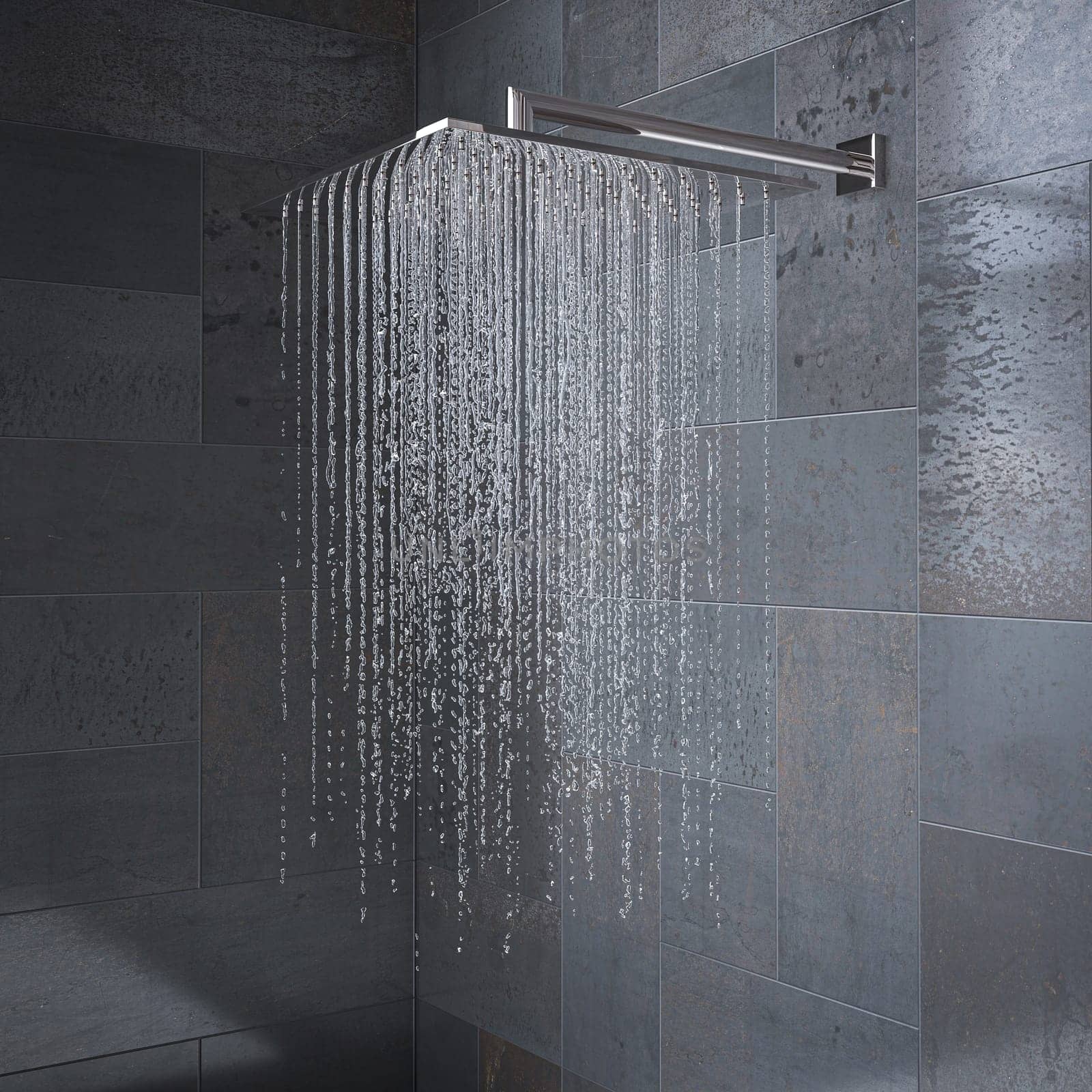 Modern shower head is spraying water in a grey tiled bathroom