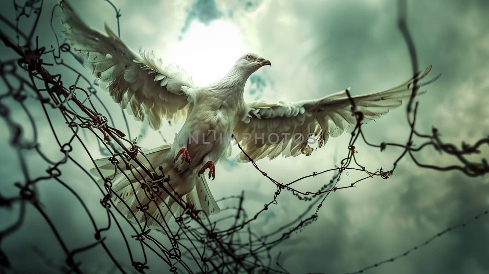 White dove flying over barbed wire fence  symbol  peace  freedom