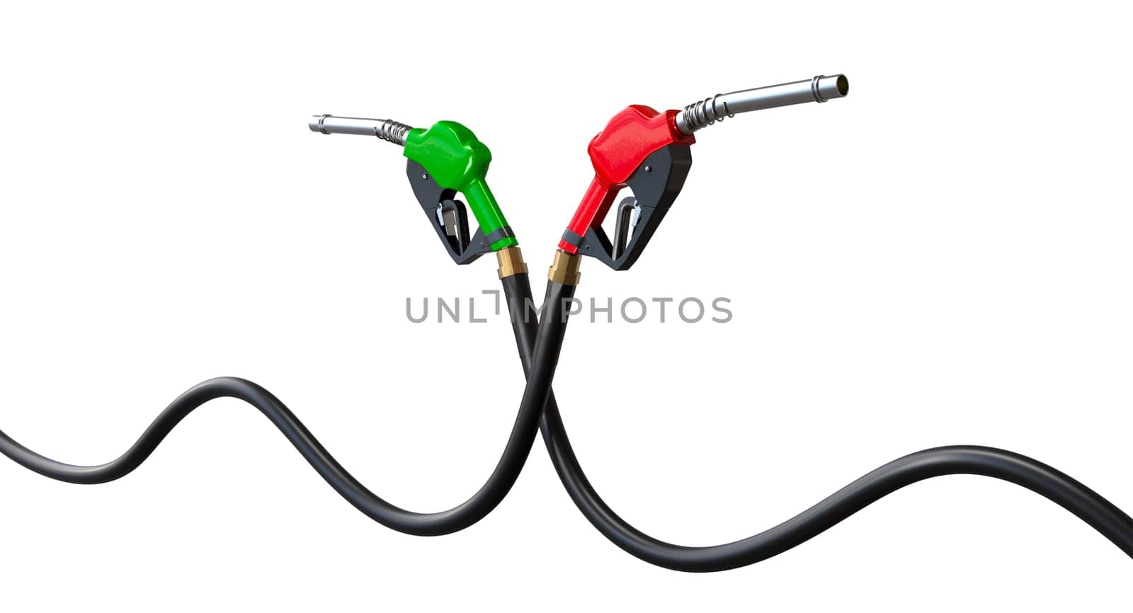 3d render  red  green fuel pump nozzles  hoses tangled, isolated background