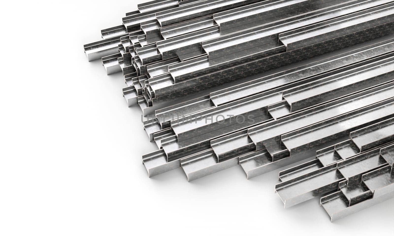Steel bars of different sizes are lying on a white surface 3d render