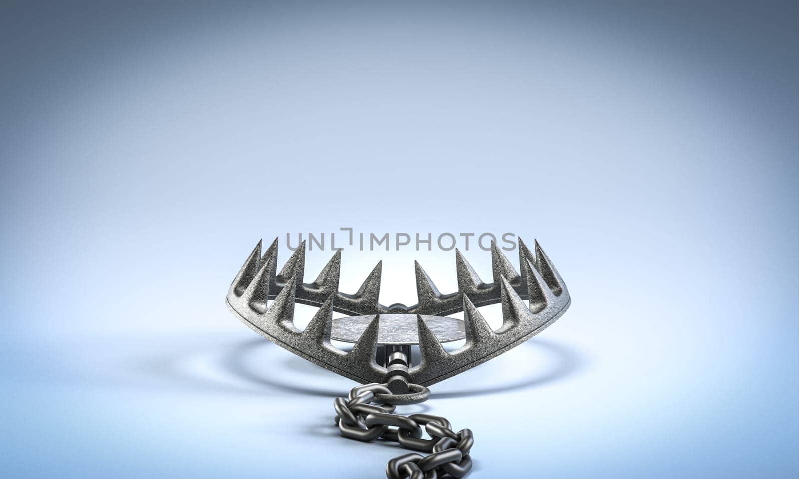Metal bear trap  blue background, danger concept 3d render