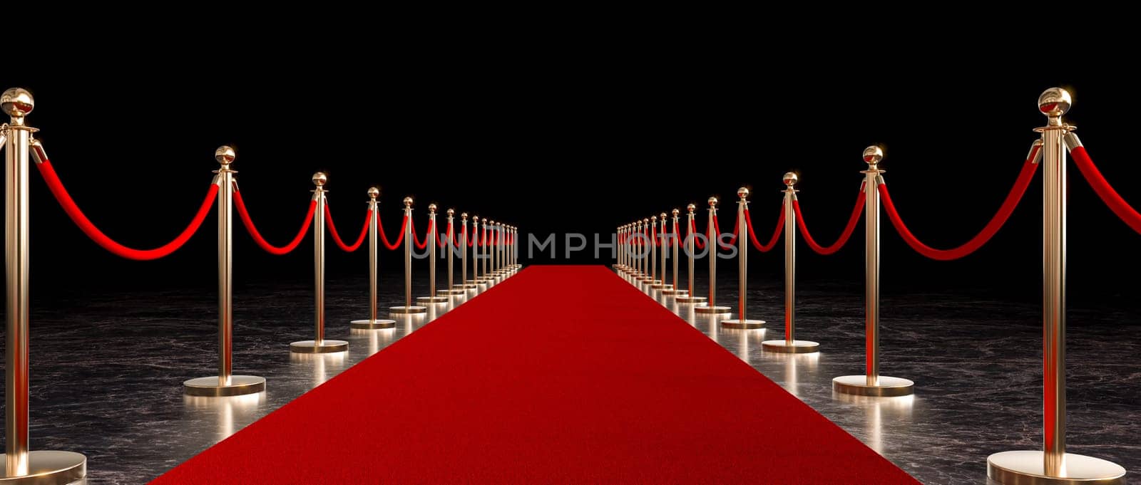 Red carpet between golden stanchions leading  vip event dark background 3d