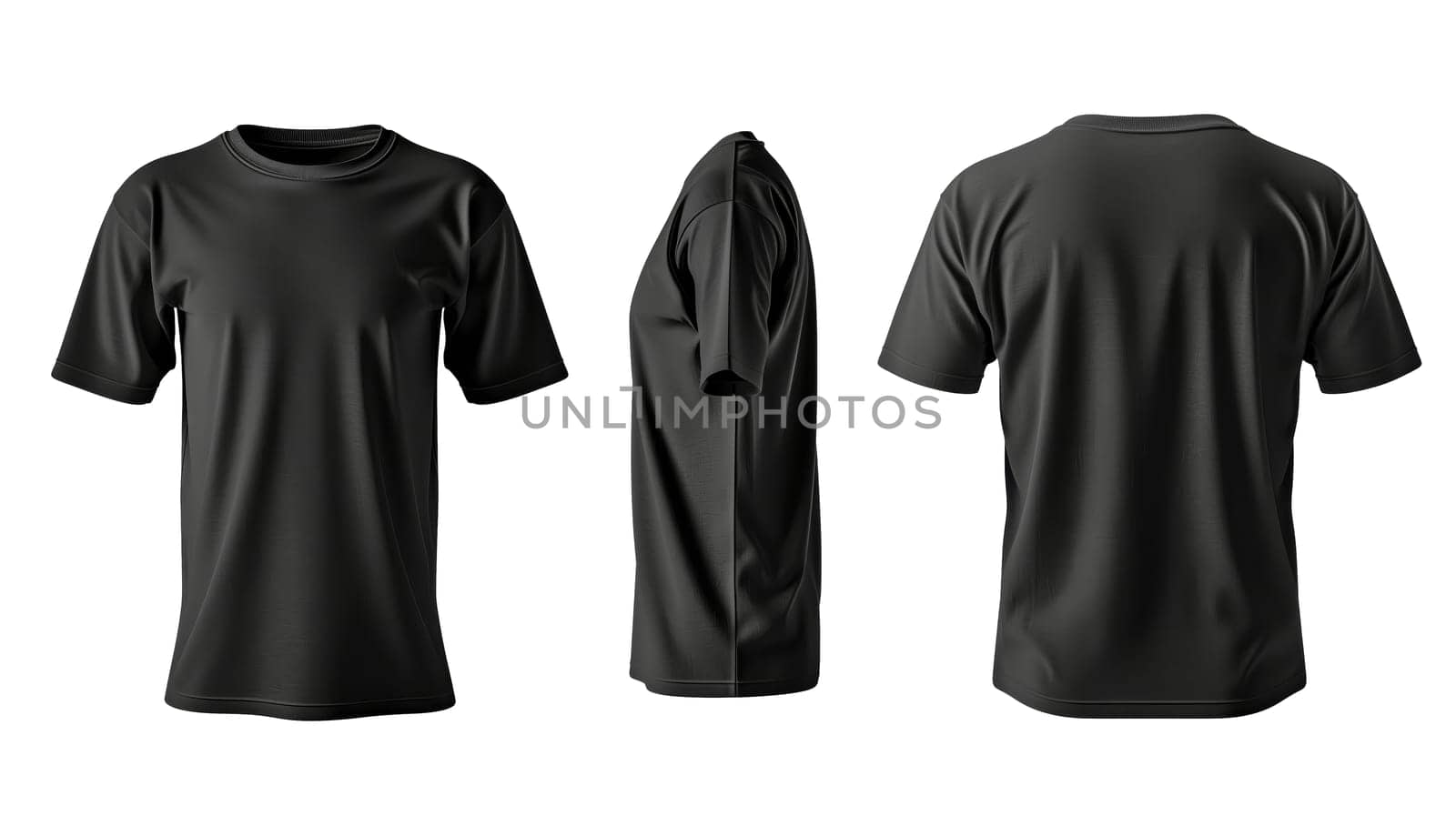 Collection  black t-shirts shown from different angles, presentation and design
