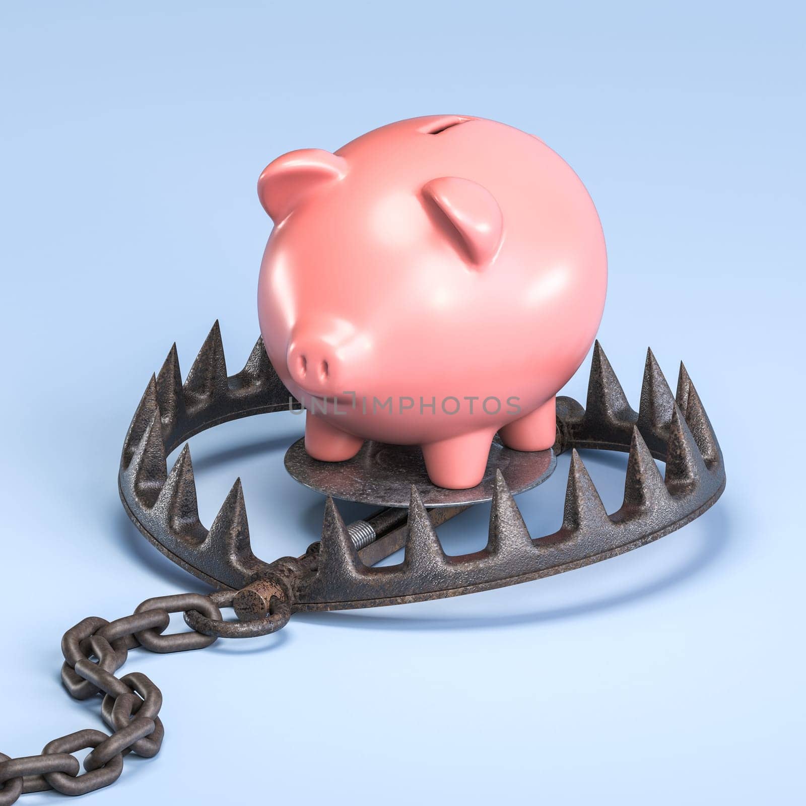 Pink piggy bank bear trap,  risks  dangers associated  finances 3d render