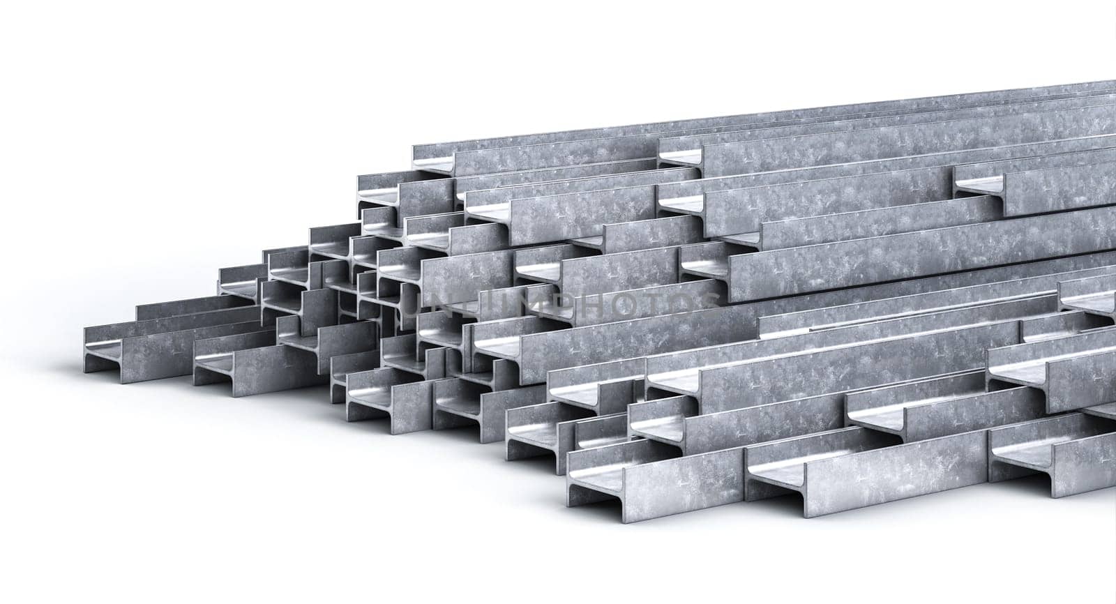 Stack of metal steel h beam profiles creating strong industrial background 3d
