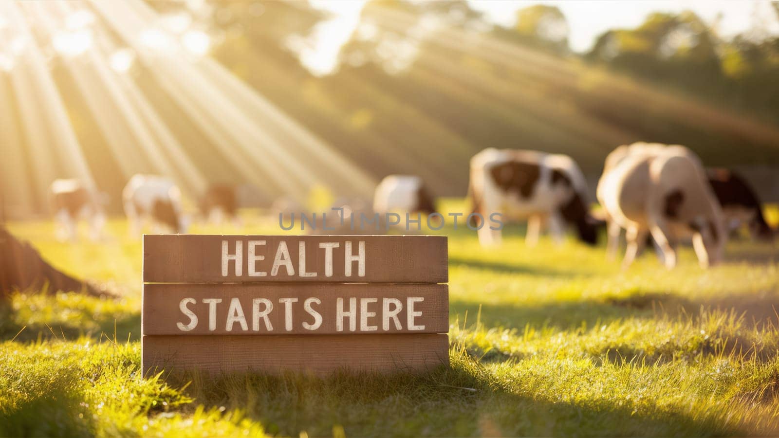 A wooden sign reading ,Health Starts Here, sits in a sunlit field with cows grazing in the background, highlighting a healthy, natural lifestyle.