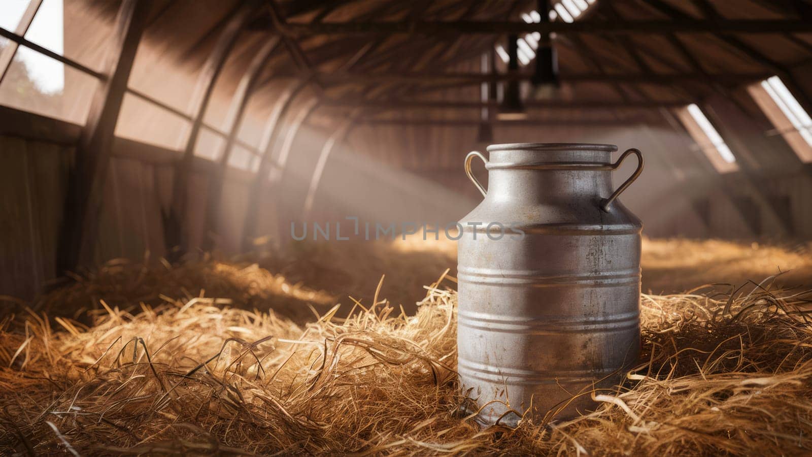 Vintage milk can sits in a sunny barn filled with straw, creating a warm and rustic atmosphere.farm