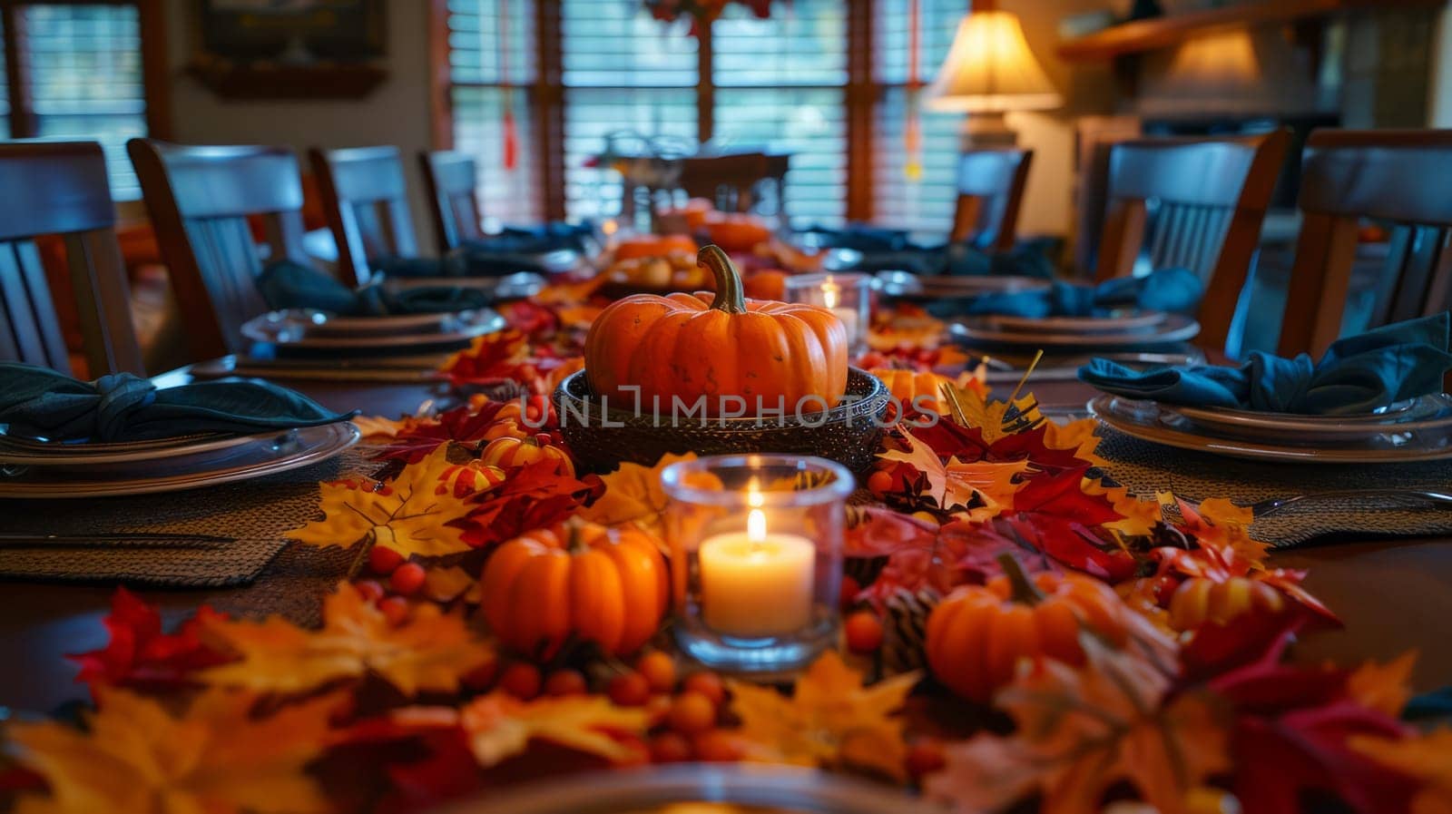 A cozy and beautifully laid Thanksgiving table with a centerpiece of fall leaves, candles, and pumpkins is all for the holiday.