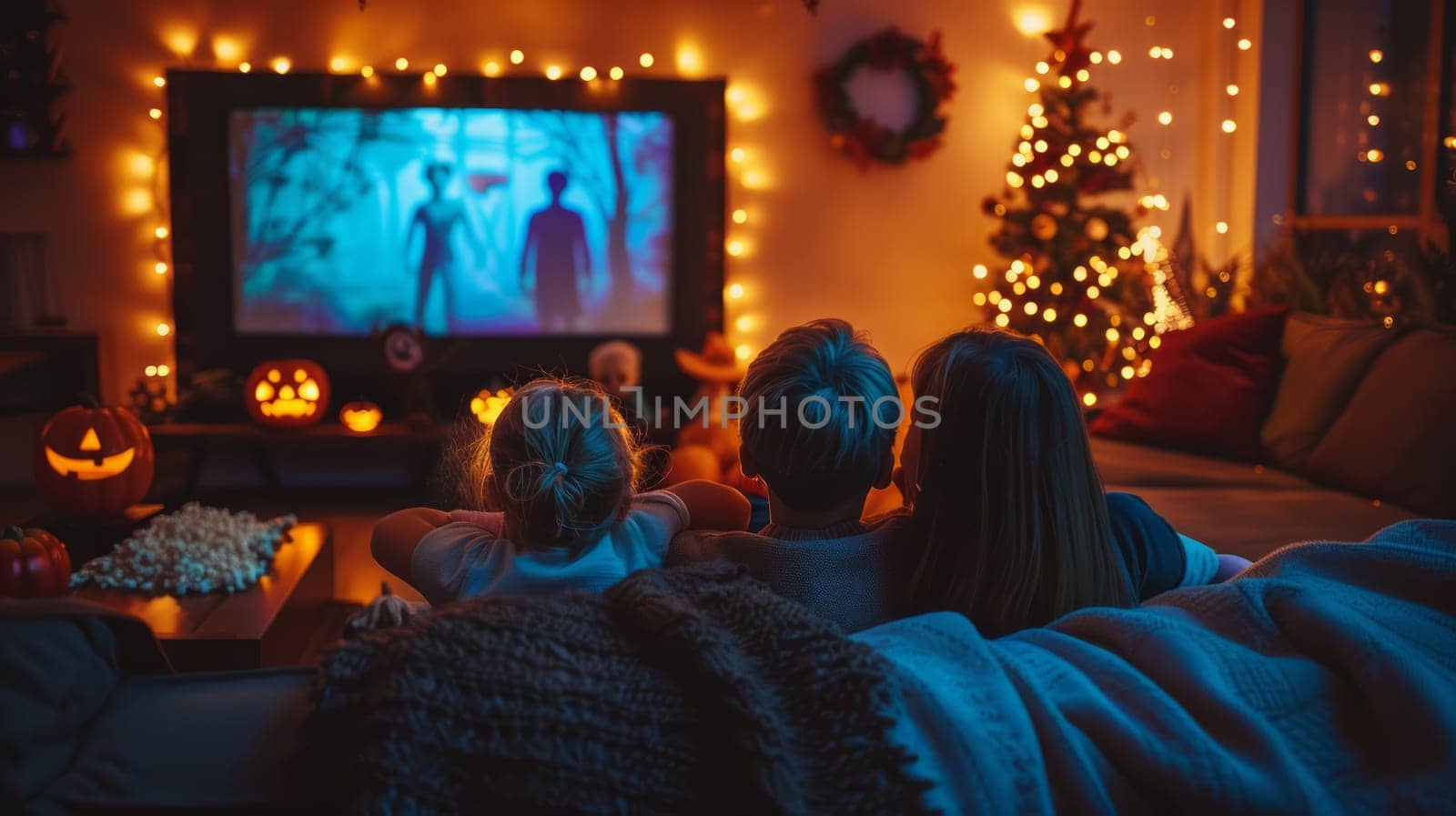 A family, snuggled up on a popcorn couch, watches a classic Halloween movie in dim lighting and holiday decorations.