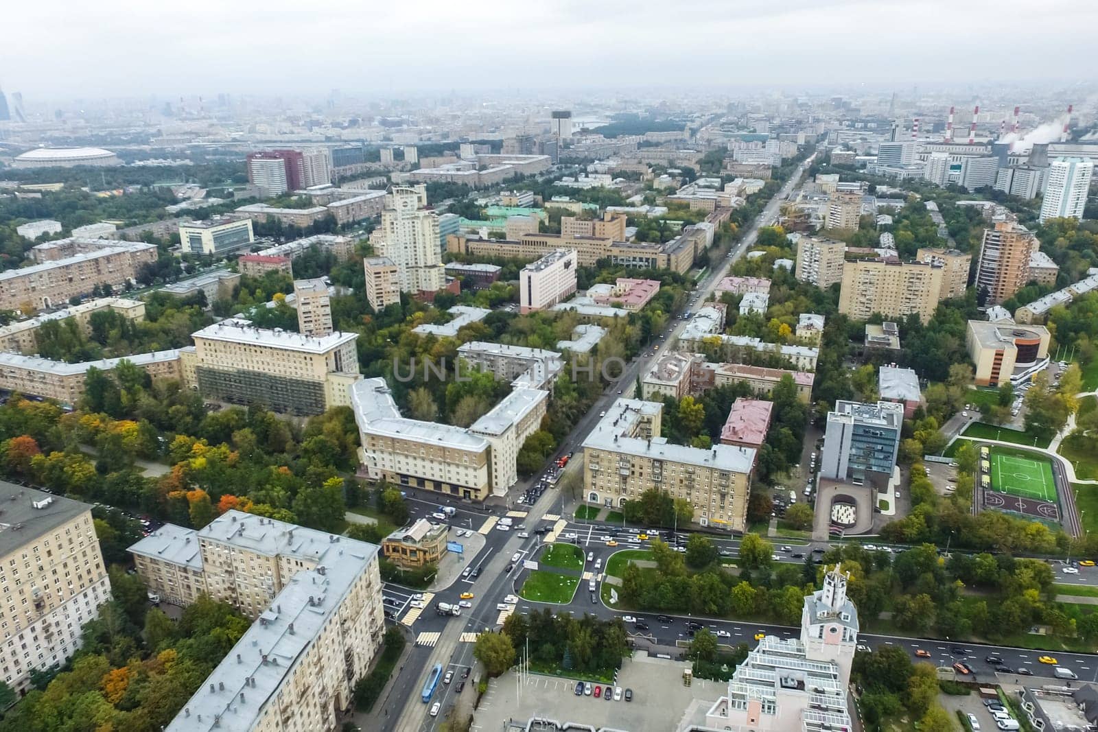 Top view of the city of Moscow, buildings and roads and other infrastructure of the city. Cityscape view from above.
