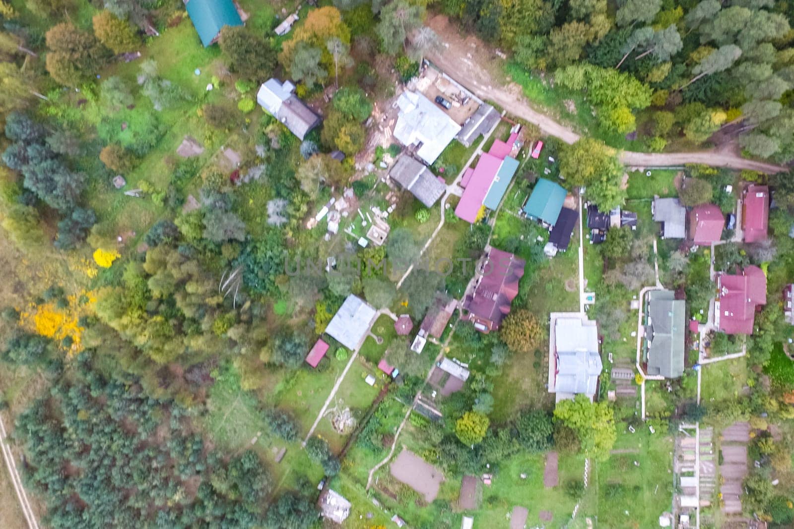 Top view of the village, fields and forests near the village