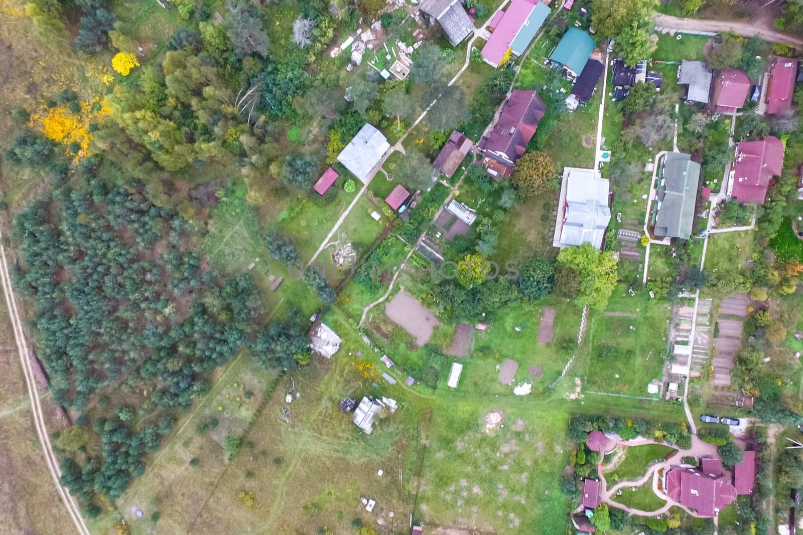 Top view of the village, fields and forests near the village