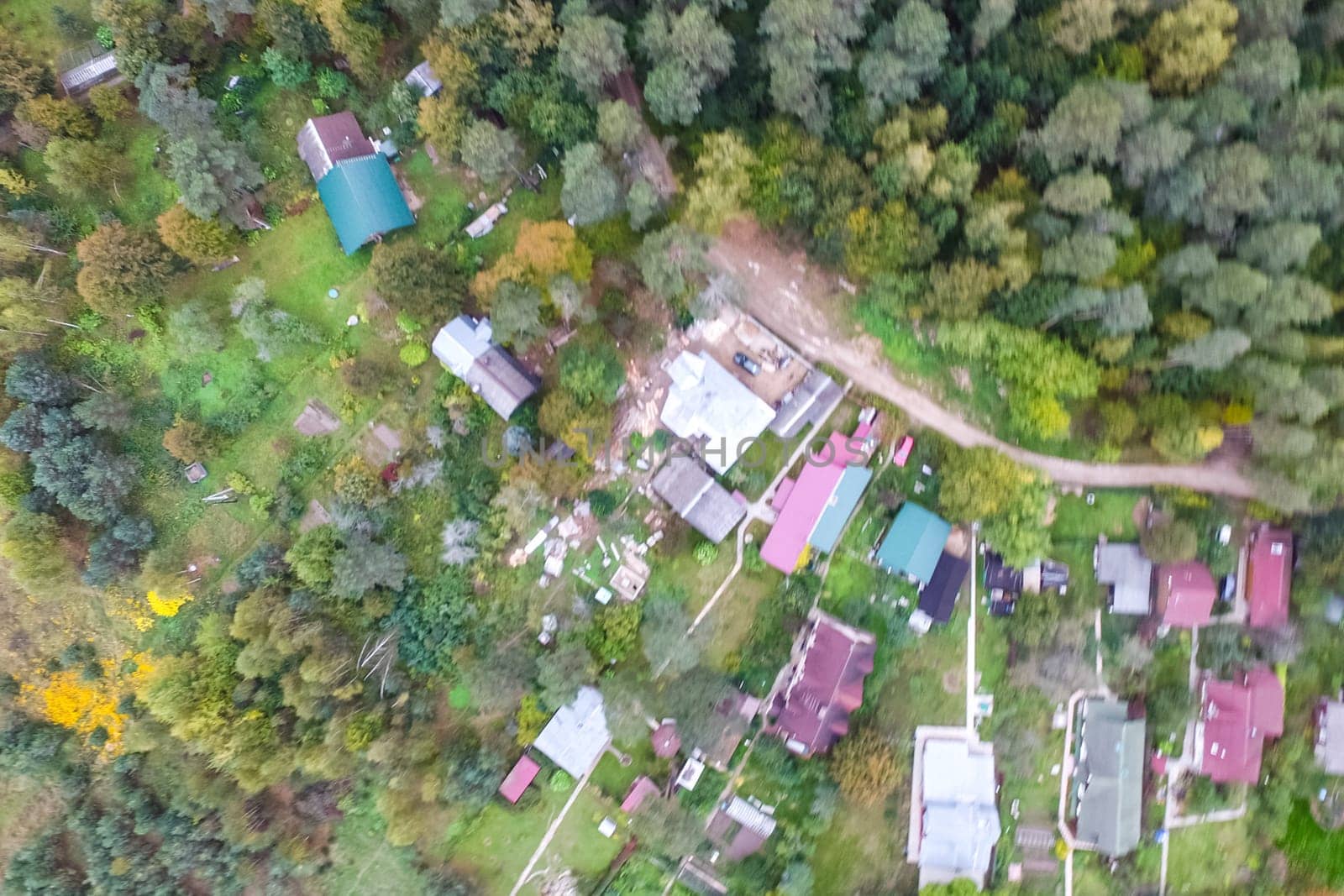 Top view of the village, fields and forests near the village