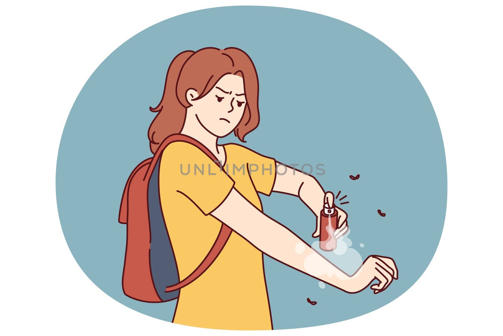 Woman hiker applies anti-malarial mosquito bite spray while hiking in wilderness in tropical area. Girl uses remedy for flying insects or ticks with mosquito that can infect person with infection