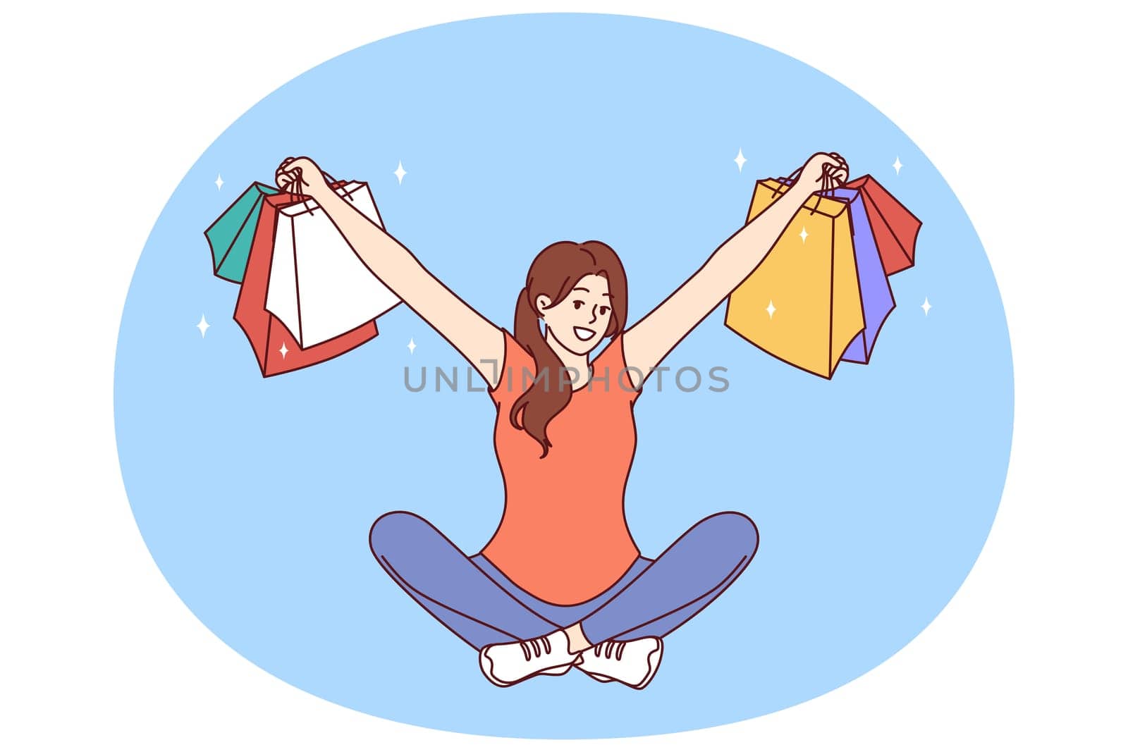 Woman with multi-colored packages from clothing stores sits with her arms apart after successful shopping. Girl who won shopping lottery shows off things purchased at big discount or cashback