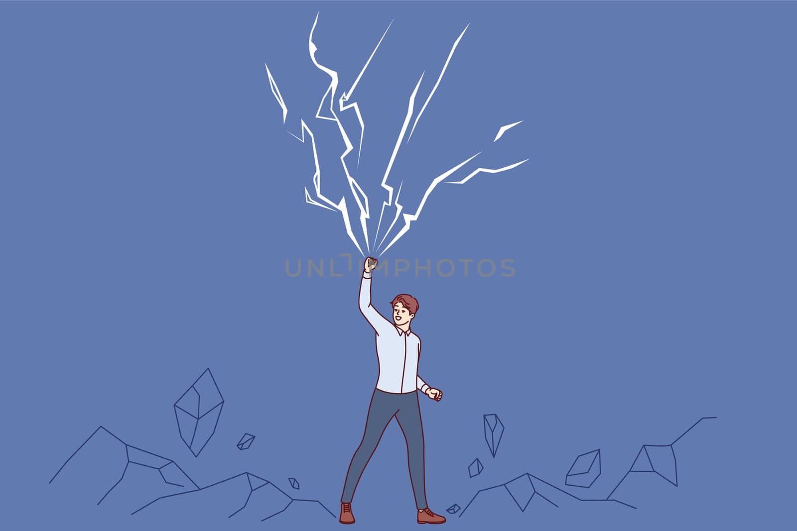Powerful business man raises hand up near lightning bolts, demonstrating self-confidence and superpowers. Powerful entrepreneur is not afraid of natural anomalies and cataclysms that cause awe