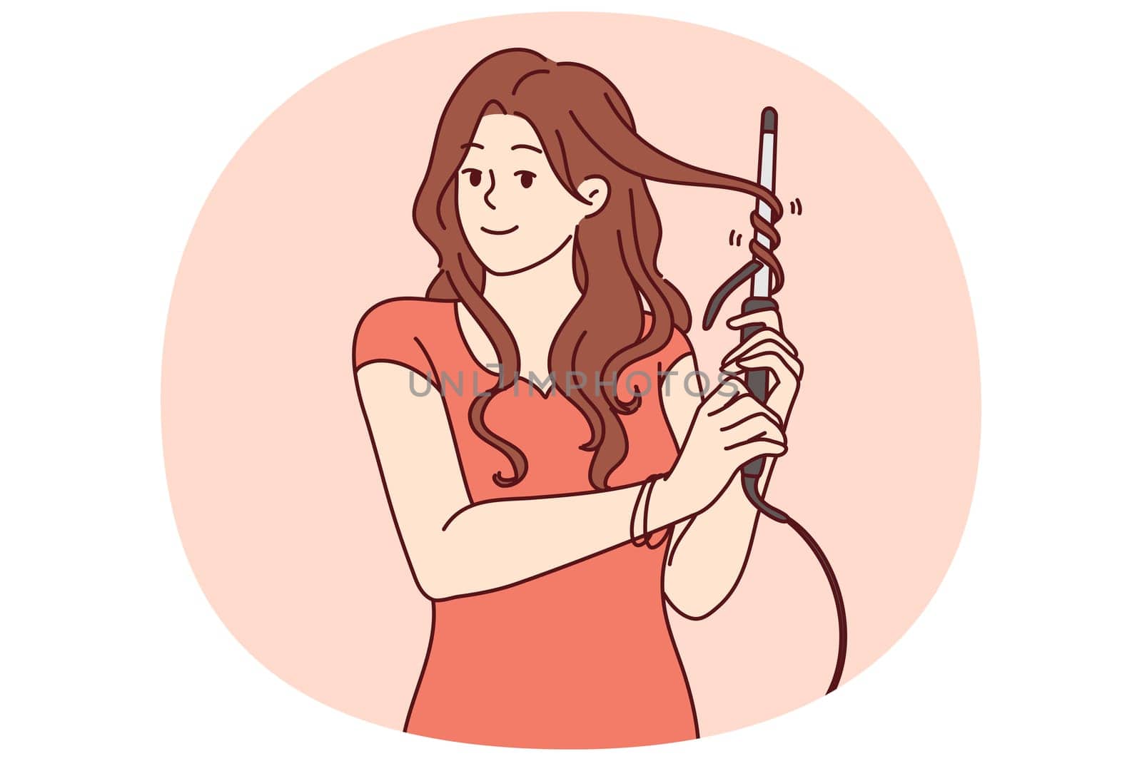 Woman uses electric curling iron to get curly hairstyle and get ready for party or date with boyfriend. Girl with curling iron wants to become beautiful giving straight hair curly look