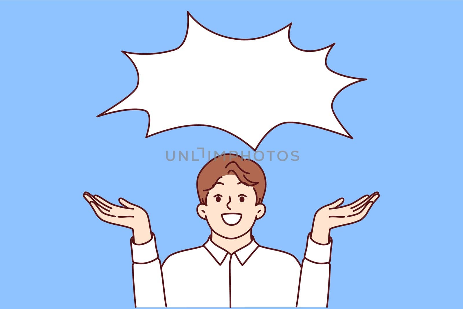 Happy business man offering good idea or communicating profitable offer, standing under empty dialogue cloud. Laughing businessman happily spreads arms to sides, showing copy space for your idea