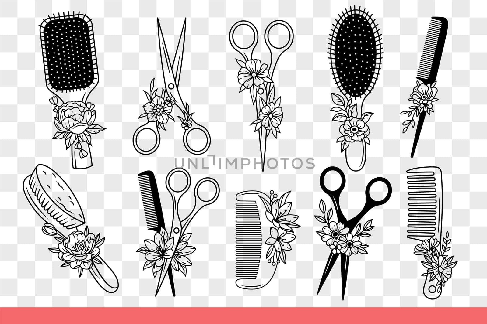 Scissors and combs for hairdressers who do fashionable hairstyles and cut hair. Flowers near scissors with combs to take care of hairdo and get rid of split ends. Hand drawn doodle