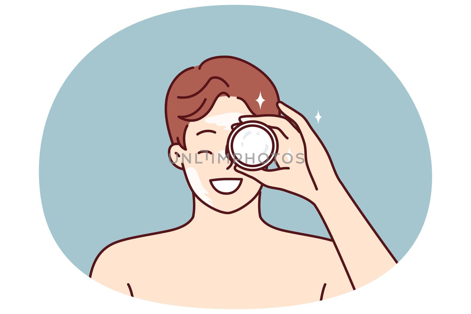 Man demonstrates jar of cream bought in cosmetic store to moisturize his face or get rid of wrinkles. Young guy with bare shoulders recommends purchasing nourishing balm or cream for skin care