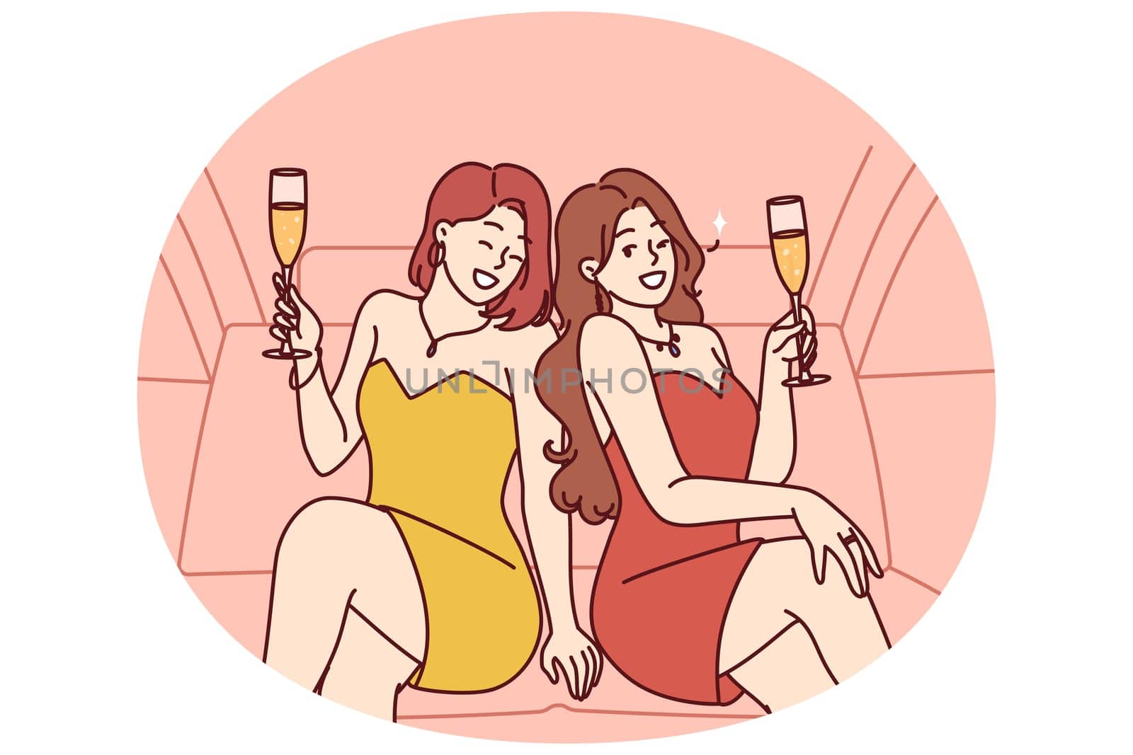 Celebrity women sit in luxury car with glasses filled with sparkling wine during pre-wedding bachelorette party. Celebrity girls in evening dresses riding in limousine enjoy premium atmosphere
