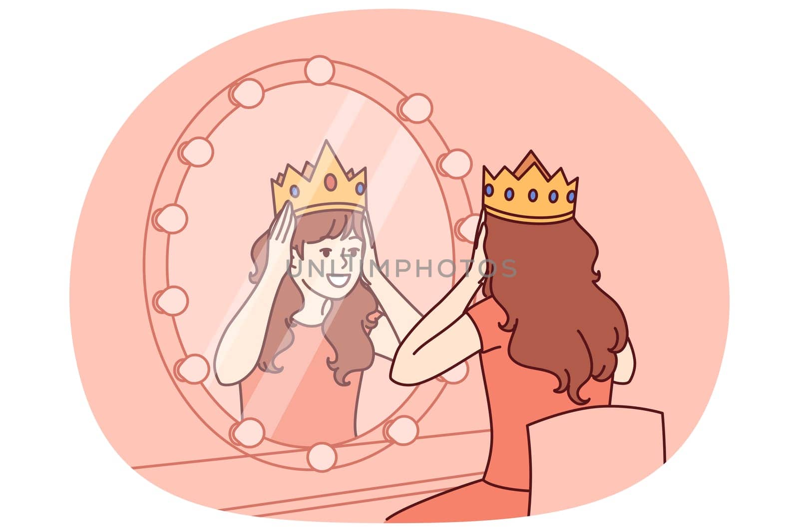 Little actress tries on crown sitting in dressing room with mirror and dreams of playing role of princess on theater stage. Teenage girl puts princess crown on head dreaming of living among kings