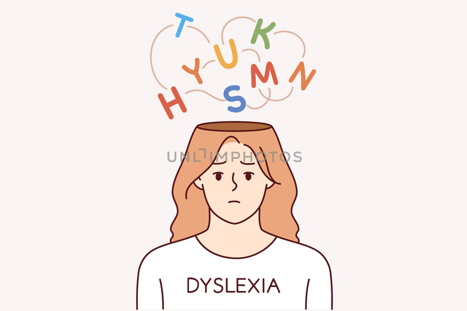 Girl suffers from dyslexia, which causes ignorance of letters and inability to read or write due to confusion in head. Problem of teenage dyslexia interferes with learning and education at school