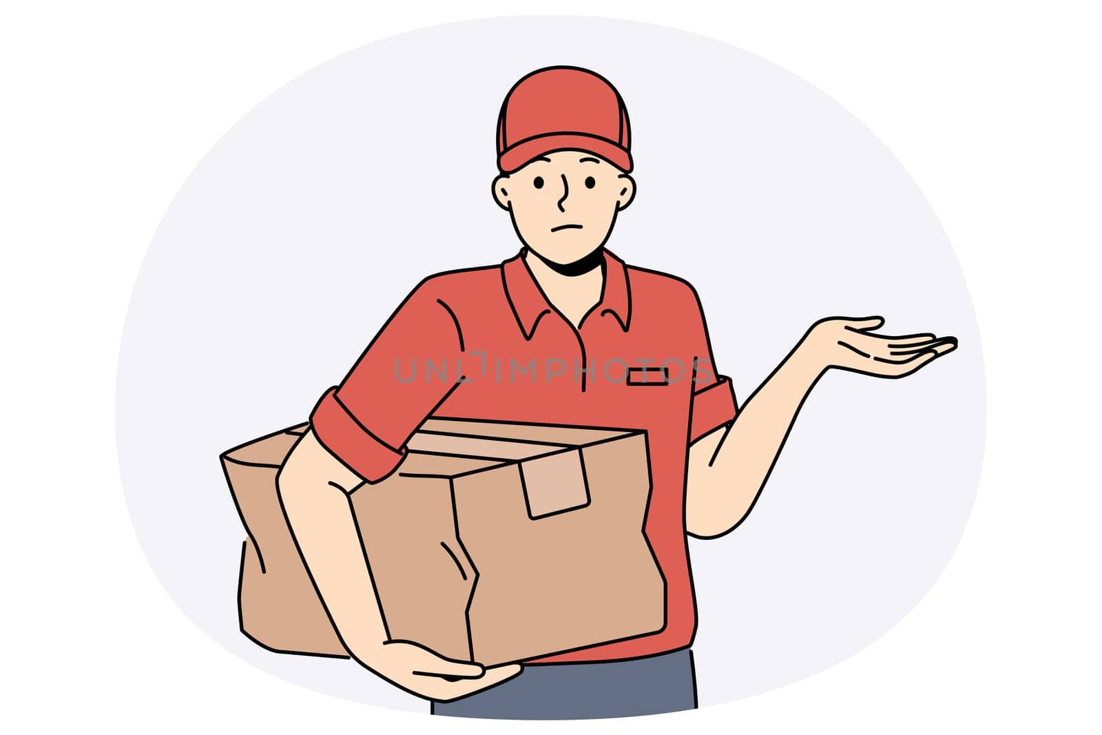 Distressed deliveryman with damaged cardboard box in hands. Unhappy confused courier or messenger with bad parcel order. Delivery service. Vector illustration.